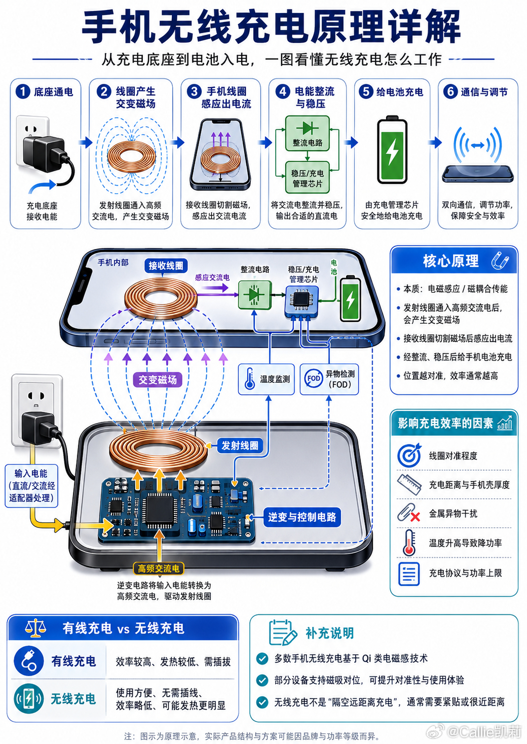 很多人天天用无线充电，却不知道它到底是怎么隔空给手机送电的，原理其实一点都不复杂。手机无线充电说白了就是电磁感应隔空传电，简单拆解成两个部件理解就行。充电底座里有发射线圈，手机内置接收线圈，插上充电器后底座线圈通交流电，瞬间产生交变磁场，手机靠近后内部线圈切割磁感线，就能感应出电流，再经过手机内部电路稳压整流，转换成电池能用的直流电，给手机慢慢充电。它没法做到百分百电能传输，工作时会产生热量，所以无线充电普遍比有线充电慢一点。摆放位置偏移、带厚手机壳、放金属物件都会削弱充电效率，还容易发热。日常随手放就能充电很方便，虽然损耗稍大，但胜在不用反复插拔数据线，保护手机充电口。