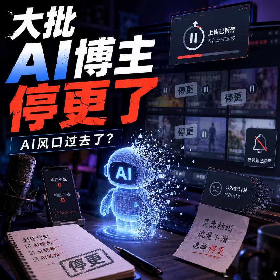 "大批AI博主停更了"冲上热搜，阅读破千万。AI漫剧、AI教程博主集中退场：有人11部短剧只赚9.6元，有人一集成本从17元涨到100元——把AI当印钞机的生意，正被监管、内卷、成本三座大山压垮。  
但另一边，中国AI大模型调用量连续16周全球第一。AI没凉，凉的是"一键生成、躺着分账"的旧玩法。  
停更的不 ​