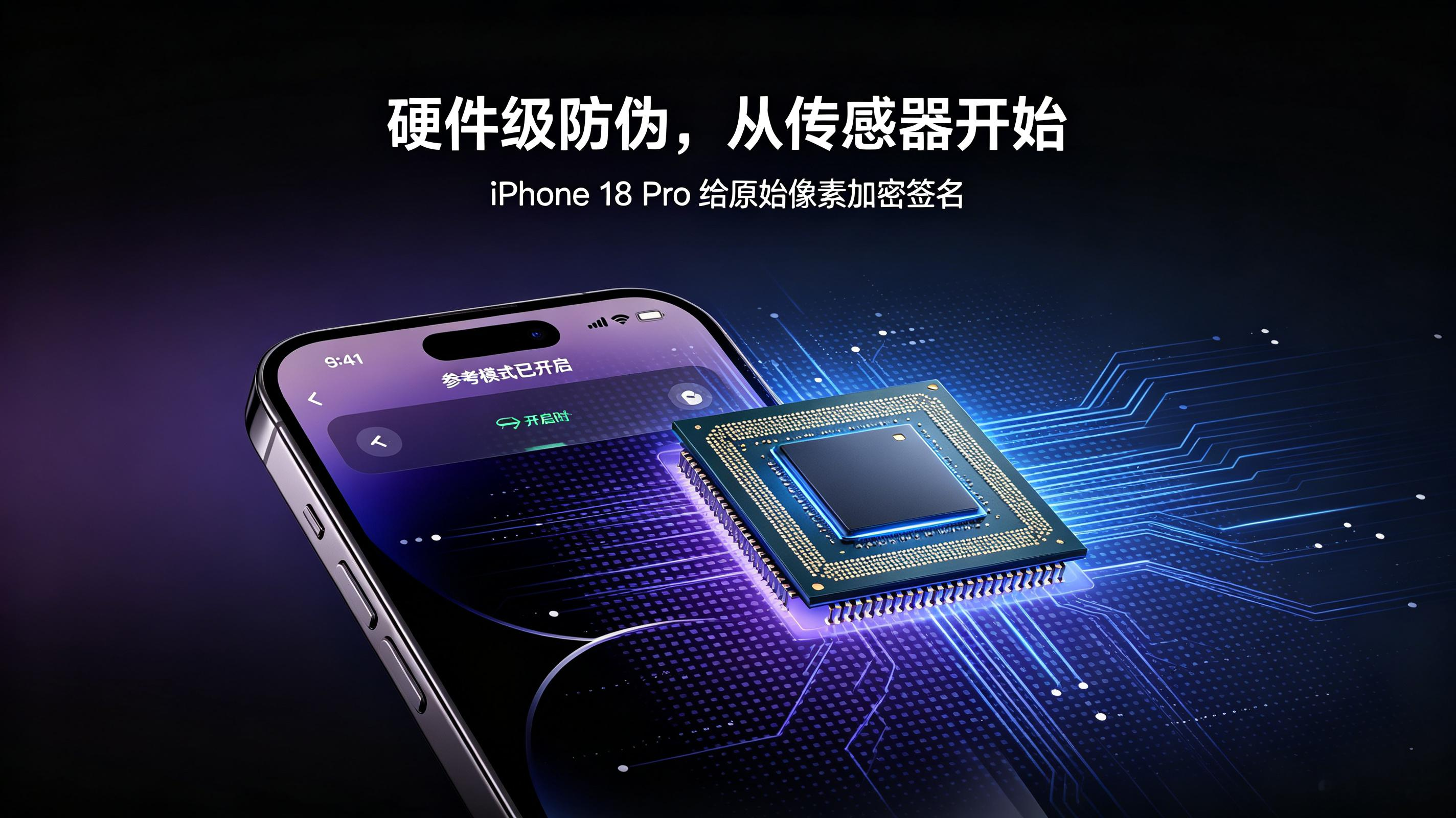 iPhone 18 Pro上线硬件防伪，相机传感器直接给像素盖章
 
现在AI生成的图片越来越逼真，一张照片到底是不是实拍，已经很难分辨。为了解决这个难题，苹果在iPhone 18 Pro机型里，推出了Apple Reference Image图片溯源功能，把照片防伪做到了硬件底层。
 
和以往修完