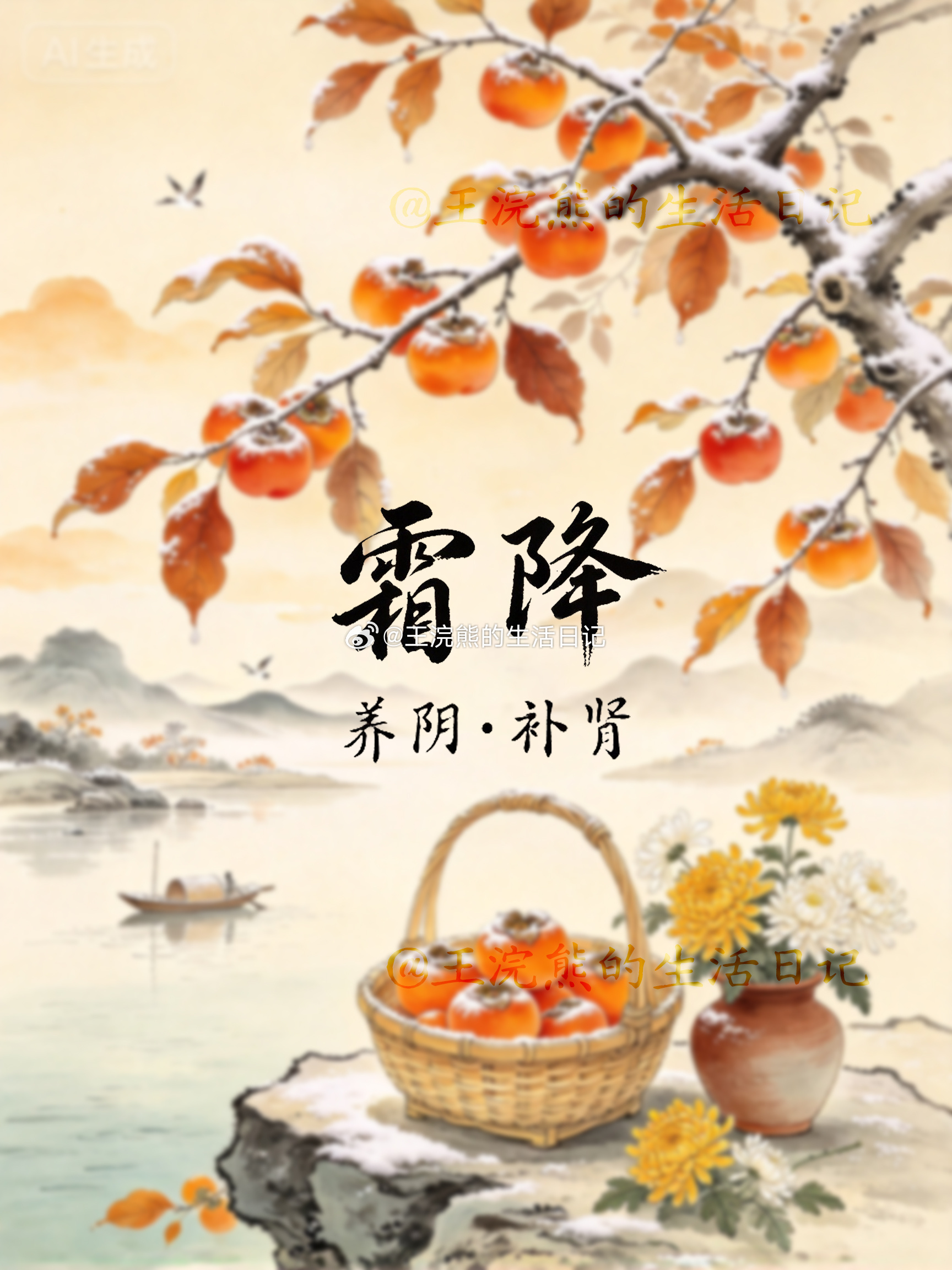 霜降节气养生tips：

霜降，是秋天最后一个节气。
意味着深秋落幕、初冬开场。

从今天开始，秋燥慢慢褪去，寒气开始下沉，昼夜温差骤然变大。

这个节气最大的特点就是：燥气未消，寒气已生。

霜降前后这段时间，最容易出现身体两头不适。

一方面残留秋燥：嗓子干、口鼻干、皮肤干、容易干咳、心烦 ​