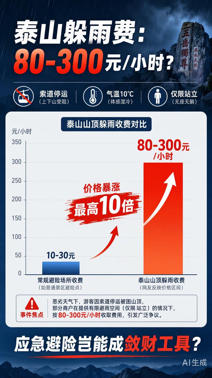 泰山这次的风雨，把很多人困在了山顶。索道停运、气温骤降，躲进饭店避雨还要按小时收费，80到300元的价格确实让人心里不舒服。

但这事儿不能只看商家黑心。山顶物资运输成本高是事实，更关键的是，当公共避险空间不足、官方应急安置没跟上时，游客其实陷入了“进退两难”的被动局面。这时候的市场定 ​