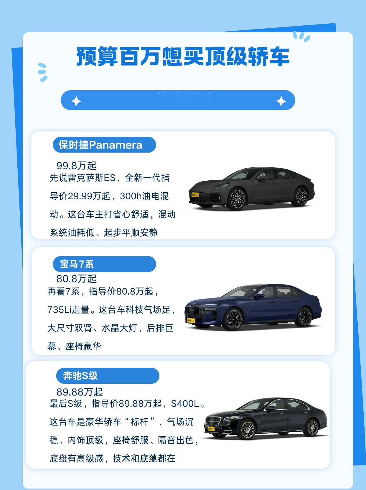 预算百万想买顶级轿车，要气场、要品牌、还要排面，这三台是绕不开的天花板：保时捷Panamera、宝马7系还有奔驰S级，运动、科技、经典各占一样，挨个看。
保时捷Panamera
官方指导价：99.8万起
先说Panamera，指导价99.8万起，2.9T。这台车把跑车和豪华轿车结合，造型优雅、操控好