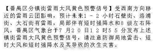 【番禺区分镇街雷雨大风黄色预警信号】受西南方向移近的雷雨云团影响，预计...