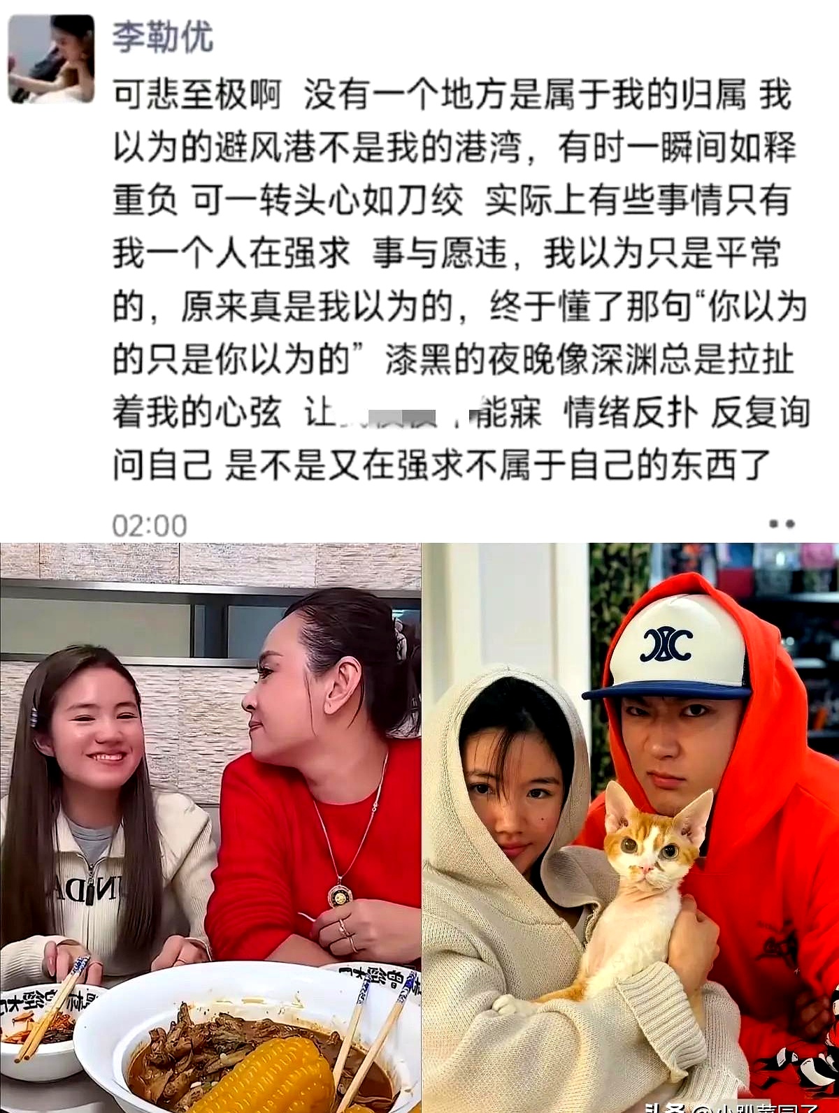 晋妈和养女李勒优这出母慈女孝的大戏，终究还是彻底撕破了脸
 

网上流出的朋友圈截图中，晋妈话说得极重，直接把矛头对准出身，内涵养女是犯罪分子的后代、基因不好，甚至骂出有娘养没娘教。曾经镜头前千娇百宠的养母，一旦反目，挑的尽是最戳人脊梁骨的话往外砸
 

李勒优那边也没闲着，朋友圈暗指对方从未把自己