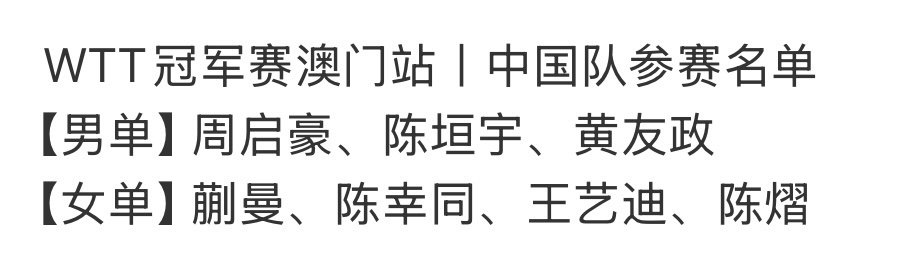 #王楚钦林诗栋退赛WTT#还有这么多中国队 给他们加油啊 ​