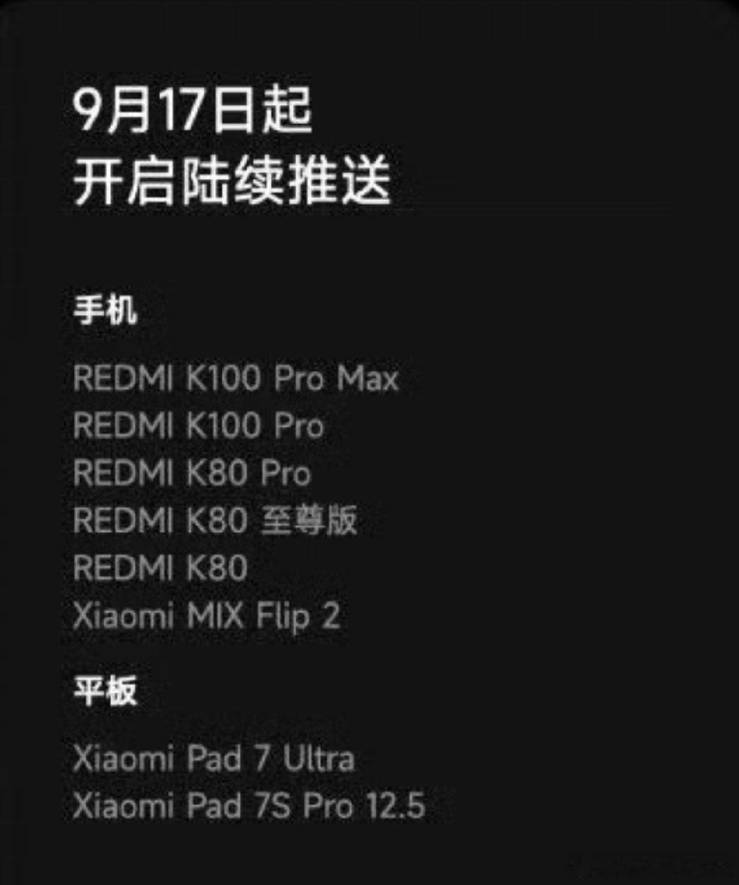 再过5天9月17日第三批机型会收到#小米澎湃OS4#的更新推送
REDMI K100 Pro Max
REDMI K100 Pro
REDMI K80 Pro
REDMI K80至尊版
REDMI K80
Xiaomi MIX Flip 2
平板
Xiaomi Pad 7 Ultra
Xiaomi Pad 7S Pro 12.5 ​