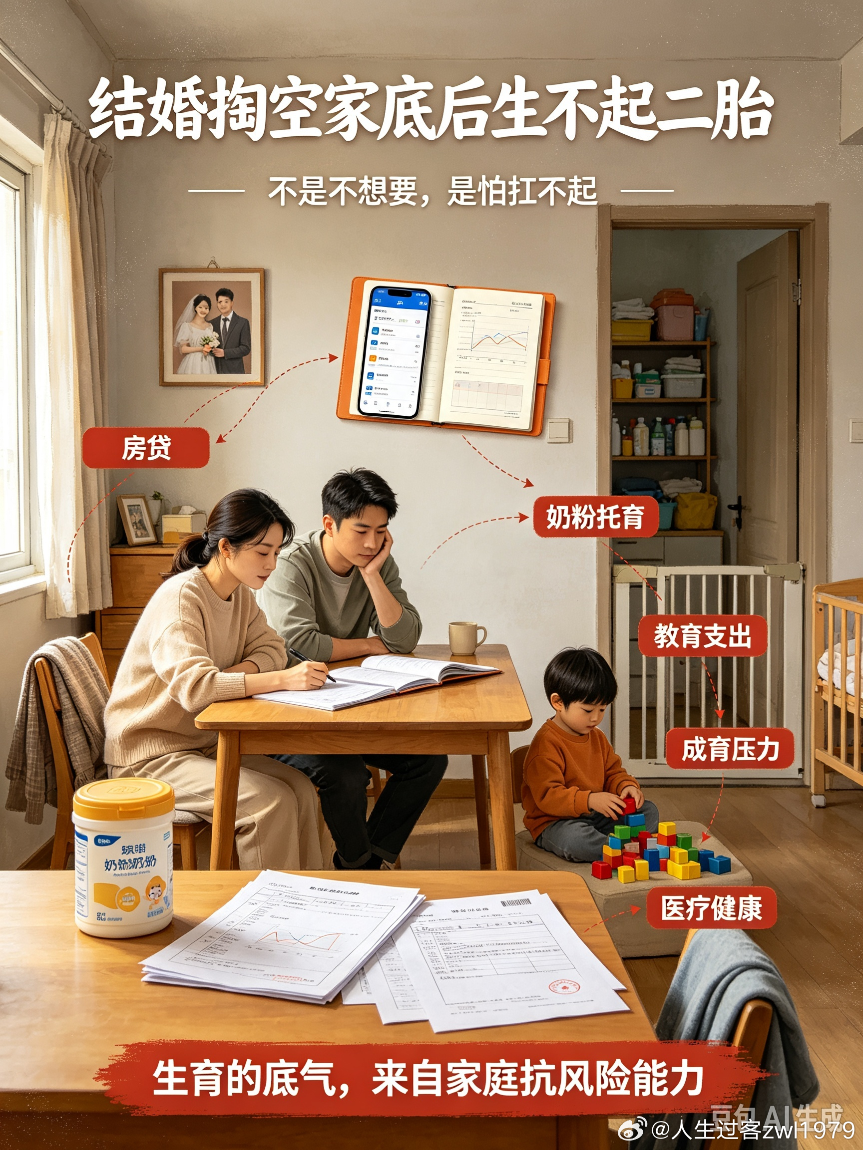#结婚掏空家底后生不起二胎##情感热点创作激励计划#结婚掏空家底，生娃瞻前顾后，这早已不是个别家庭的困境，而是当下很多年轻人真实的生活写照。不少家庭为了买房、办婚礼耗尽两代人的积蓄，婚后要背负长期房贷，育儿、教育、医疗每一笔开支都沉甸甸。当养育成本居高不下，想要二胎时，经济压力直接挡 ​