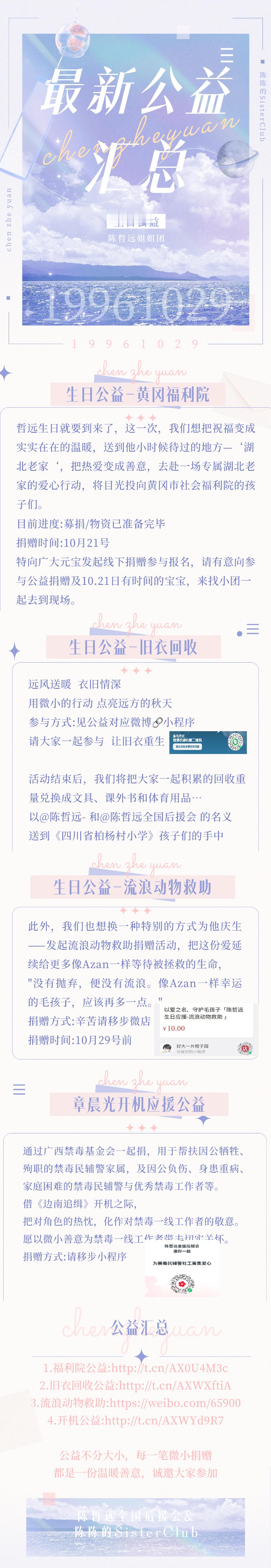 #陈哲远[超话]#  czy#和陈哲远一起做公益# czy#正能量偶像陈哲远# 
 💕生日公益汇总来啦！💕
把我们的爱和祝福变成实实在在的温暖  去帮助更多有需要的人们~

📍第一站:去他小时候待过的湖北老家，黄冈市社会福利院，我们已备好物资，诚邀元宝们一起加入我们，10月21日我们一起前往福利院进行捐 ​