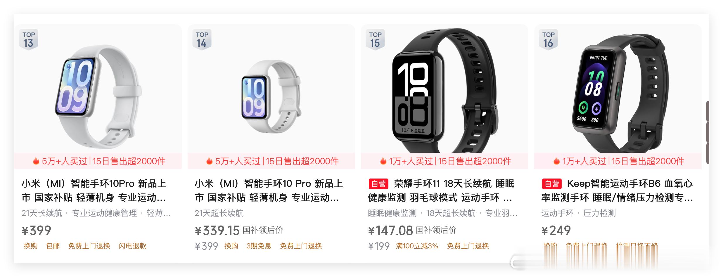 有点一言难尽啊！智能手环，怎么就只剩下小米和华为这两个玩家了啊？！2026年10月24日，最近15天的狗东手环销量排行榜TOP30……绝大多数都是小米或者华为的……偶尔出现个荣耀或者其他“杂牌”……

而且，小米和华为，几近于平分秋色……

运动相机市场，目前也是只剩下大疆和影石这两个主要玩家…… ​