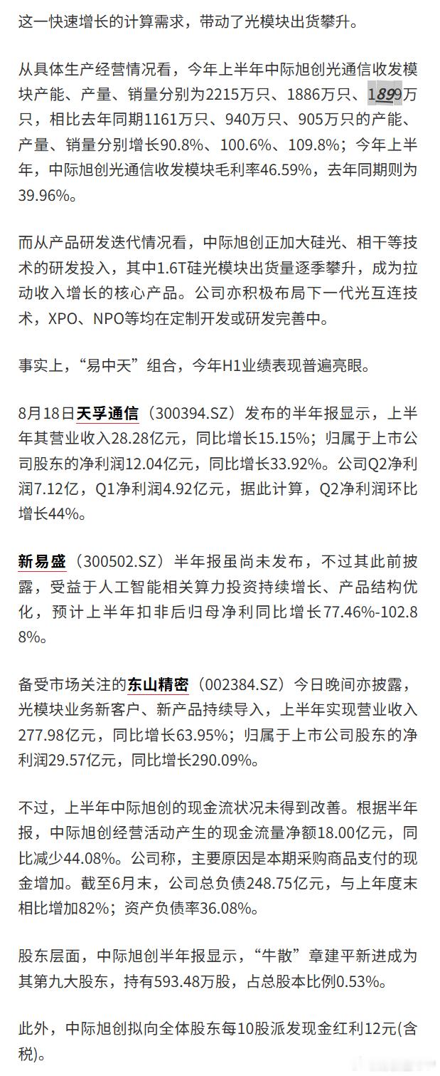【CPO龙头中际旭创业绩出炉！H1光模块销量同比翻倍 经营现金流同比降...