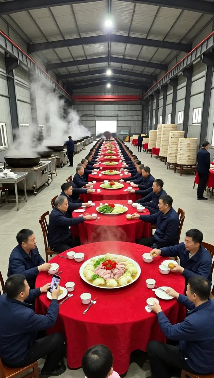 中秋前夜，河南长垣的矿山厂区里，灯火比月亮还亮。

平时哐当作响的车间，这一天停了机器，地面擦得能照出人影。1600多张圆桌从厂房这头铺到那头，红桌布一铺，大红花一摆，硬是把冷硬的钢铁丛林布成了热气腾腾的乡宴现场。工人端着搪瓷碗找自己那桌，袖子一撸，跟工友碰个杯，嗓门比机器还响。

后厨就搭在厂房外
