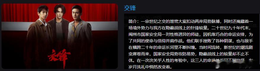 电视剧《交锋》

      国安谍战剧《交锋》，以当看震惊中外的洲际导弹数据泄密为原型，参考了27份解密档案，横跨二十年的国安暗战，揭开隐蔽战线信仰与人性博弈的惊心动魄。影片同时告诫我们，隐蔽战线的交锋，从来都离我们不远：在科研院所，在大学校园，在商务会谈，在网络上，间谍的渗透无孔不入， ​