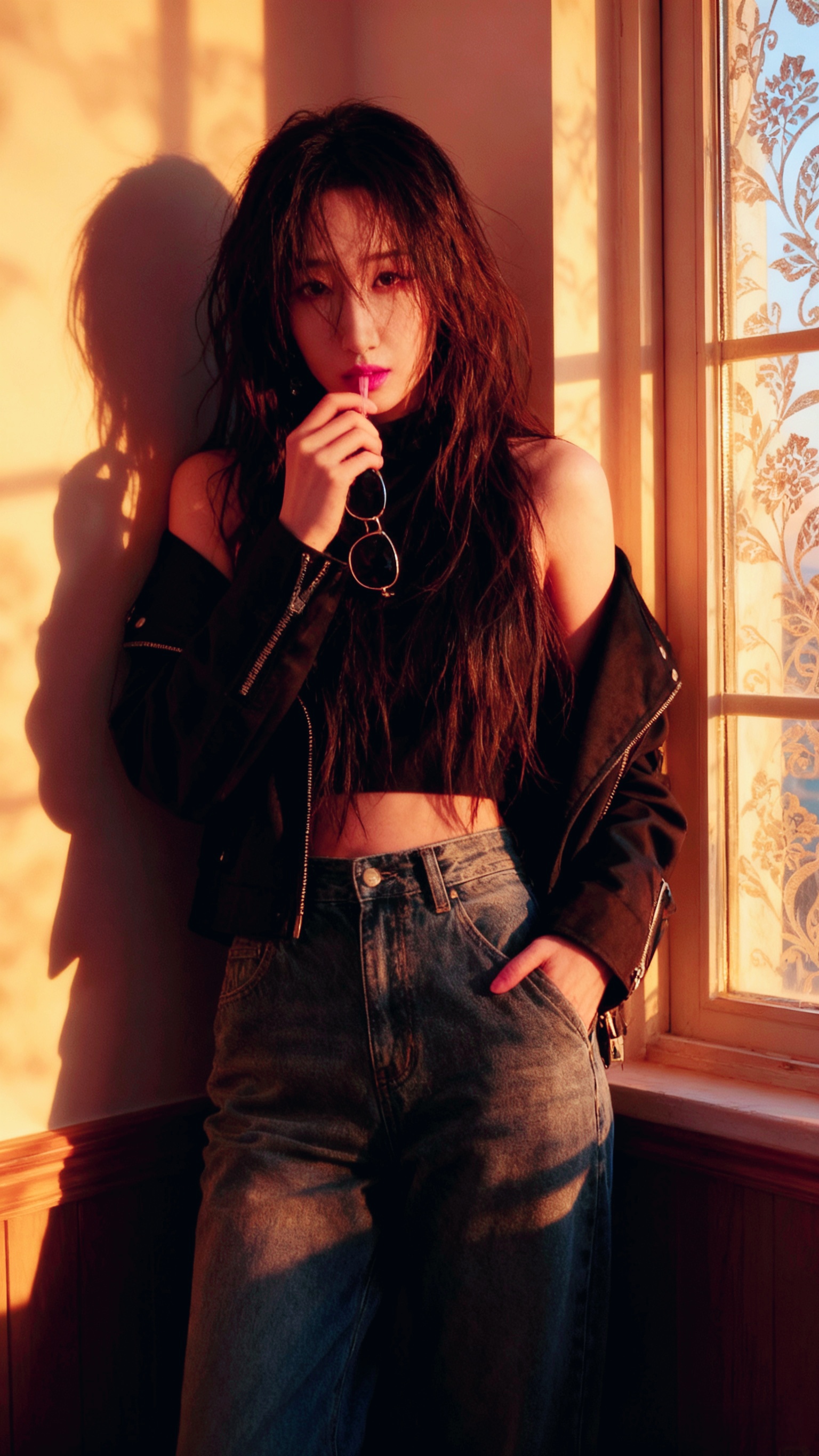 窗前独立思悠哉，日影斜照入画来。