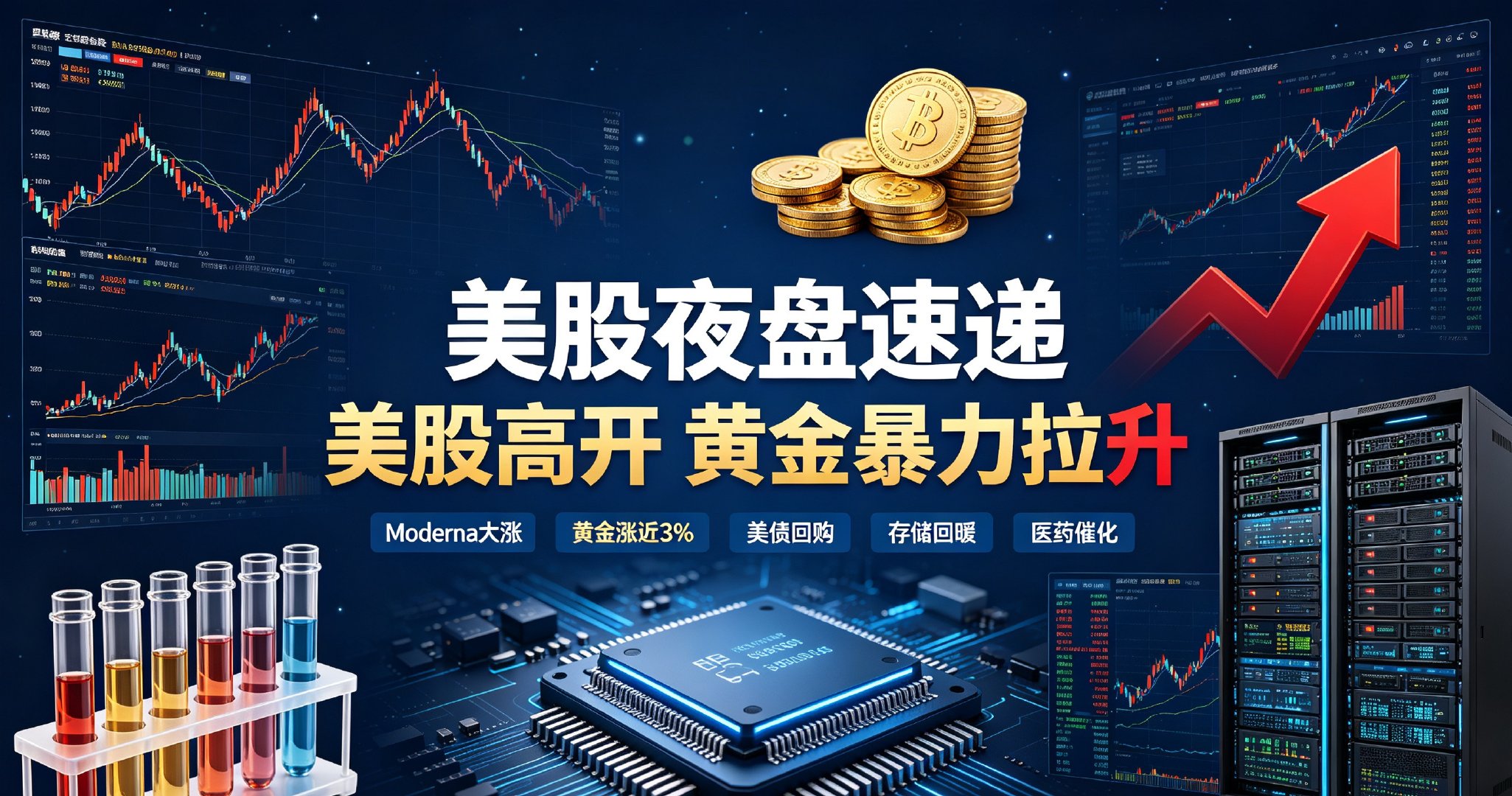 美股高开，黄金暴力拉升

美股三大指数晚间集体高开，道指、标普涨0.42%，纳指涨0.30%。个股分化明显，Moderna直接爆发，大涨超83%，源于和默沙东合作的mRNA黑色素瘤癌症疫苗三期试验大获成功，医药板块被带动走强。

商品这边波动巨大，受美债流动性调整、中东局势紧张双重刺激，现货黄金大涨近3%，冲 ​