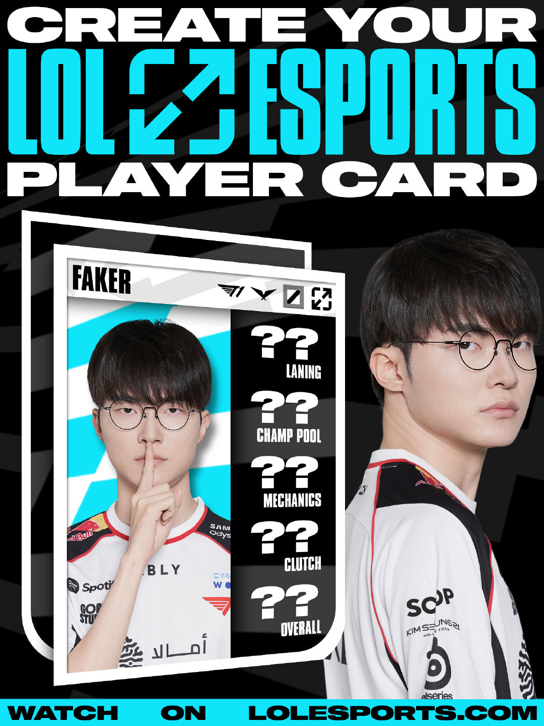 LoL Esports：给Faker选手卡评分！

对线❓
英雄池❓
操作❓
关键时刻❓
总体❓ ​