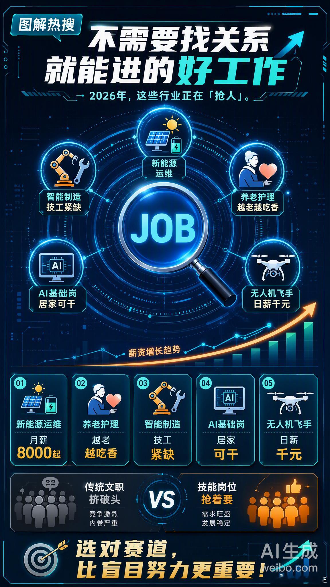 #不需要找关系就能进的好工作# 最近这个话题又上了热搜，评论区里大家讨论得特别热烈。其实2026年的就业市场，真的跟以前不太一样了。

一边是传统文职岗挤破头，另一边不少行业却在「抢人」。人社部最新紧缺职业目录显示，新能源运维、智能制造、养老护理、AI基础应用、低空经济等领域缺口极大，很多 ​