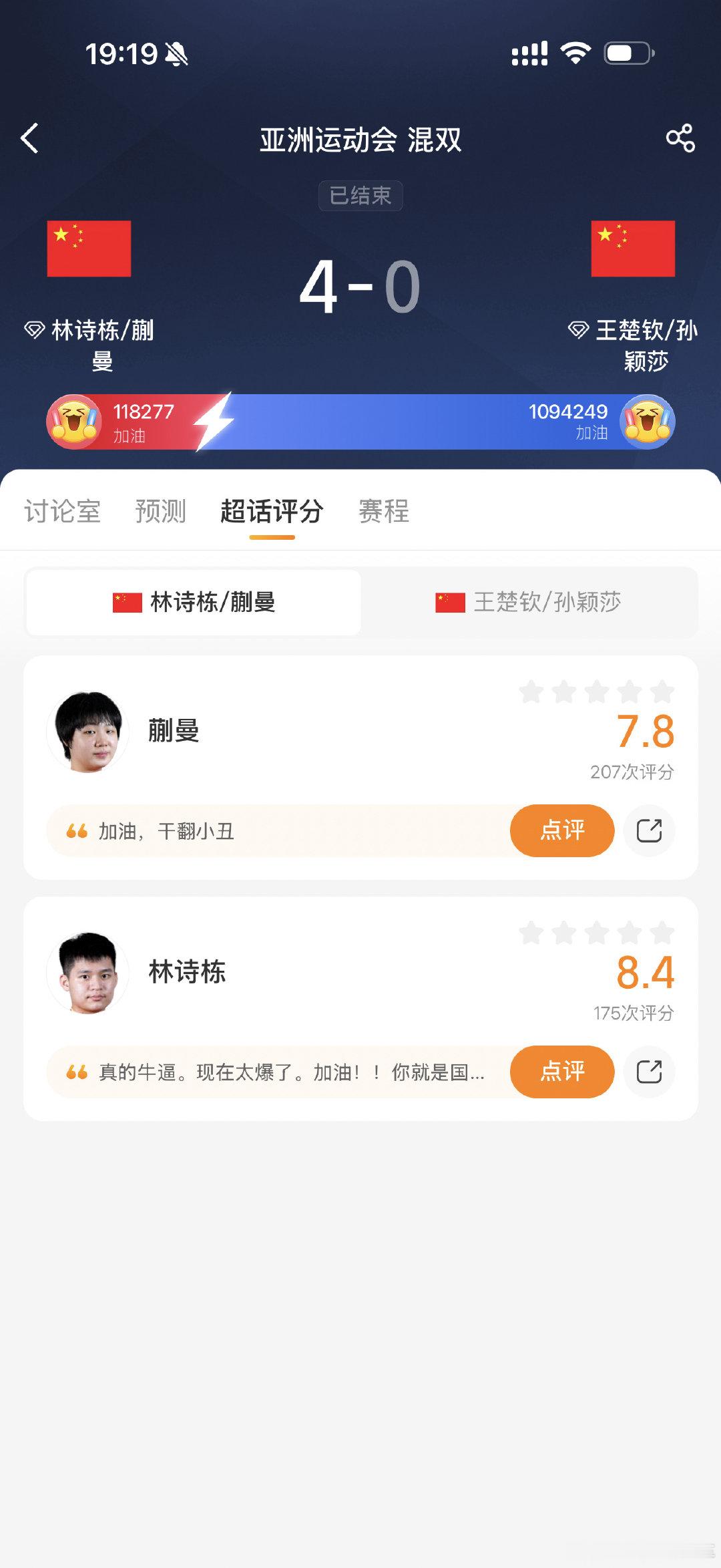 亚运混双决赛国乒两队相遇，林诗栋和蒯曼全程稳住节奏，直落四局战胜王楚钦孙颖莎，成功夺得亚运会混双冠军。

队内比拼没有真正的输家，恭喜新组合站上最高领奖台。大头莎莎今天确实没能打出最佳状态，不必太过纠结这一场结果，好好休整，期待之后的赛场再度发光 ​