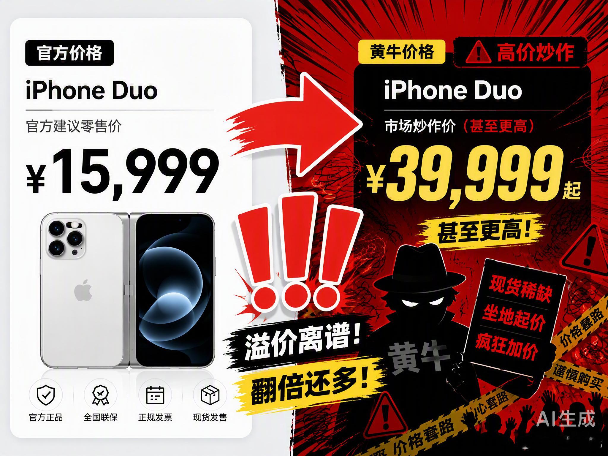 iPhone Duo官方定价15999元，黄牛直接炒到39999元甚至更高，这溢价幅度确实离谱。作为苹果首款折叠屏，产能爬坡慢、初期日产量只有几百台是事实，但这不代表大家就该当冤大头。

为了折叠形态，苹果砍了长焦镜头，放弃了成熟的Face ID改用侧边指纹，还搞了个254克的“半斤机”，连实体SIM卡槽都取消了 ​