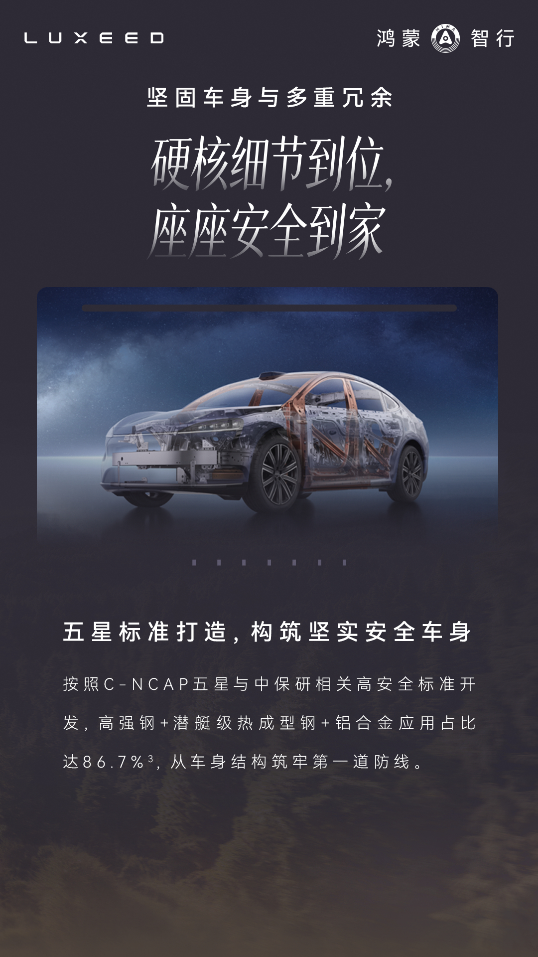 #智界R7#以五星安全标准与全维安全体系，把对全家的守护，再向前一步。

全维感知，安全到家——
全车36个传感器，896线双光路图像级激光雷达，搭配HUAWEI ADS 5与全维防碰撞系统，更早感知风险、及时应对。

硬核细节，安全到家——
86.7%高强度车身用料、7处气囊，全新半隐藏式门把手四重冗余，细节 ​
