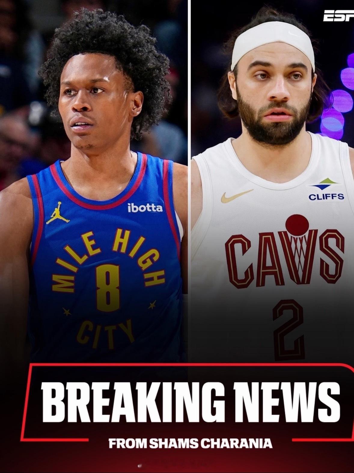 据 ESPN 报道，骑士、掘金和快船完成三方交易。骑士得到 Peyto...