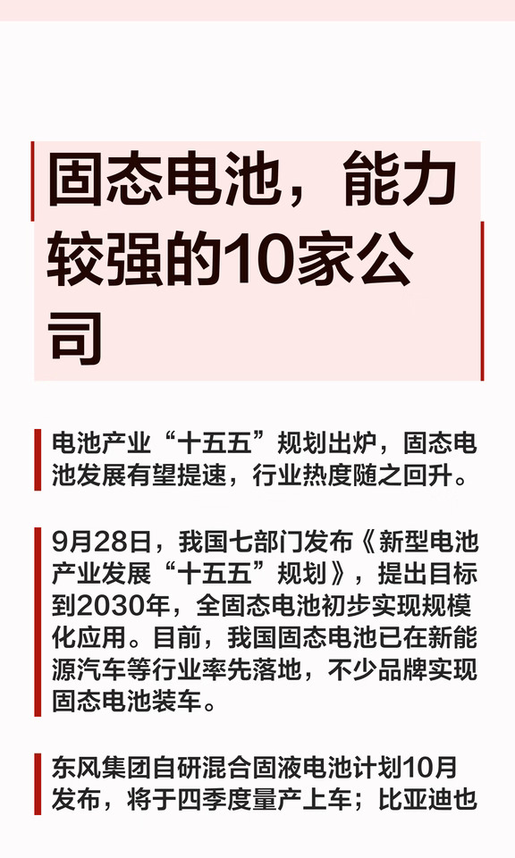 固态电池，能力较强的10家公司