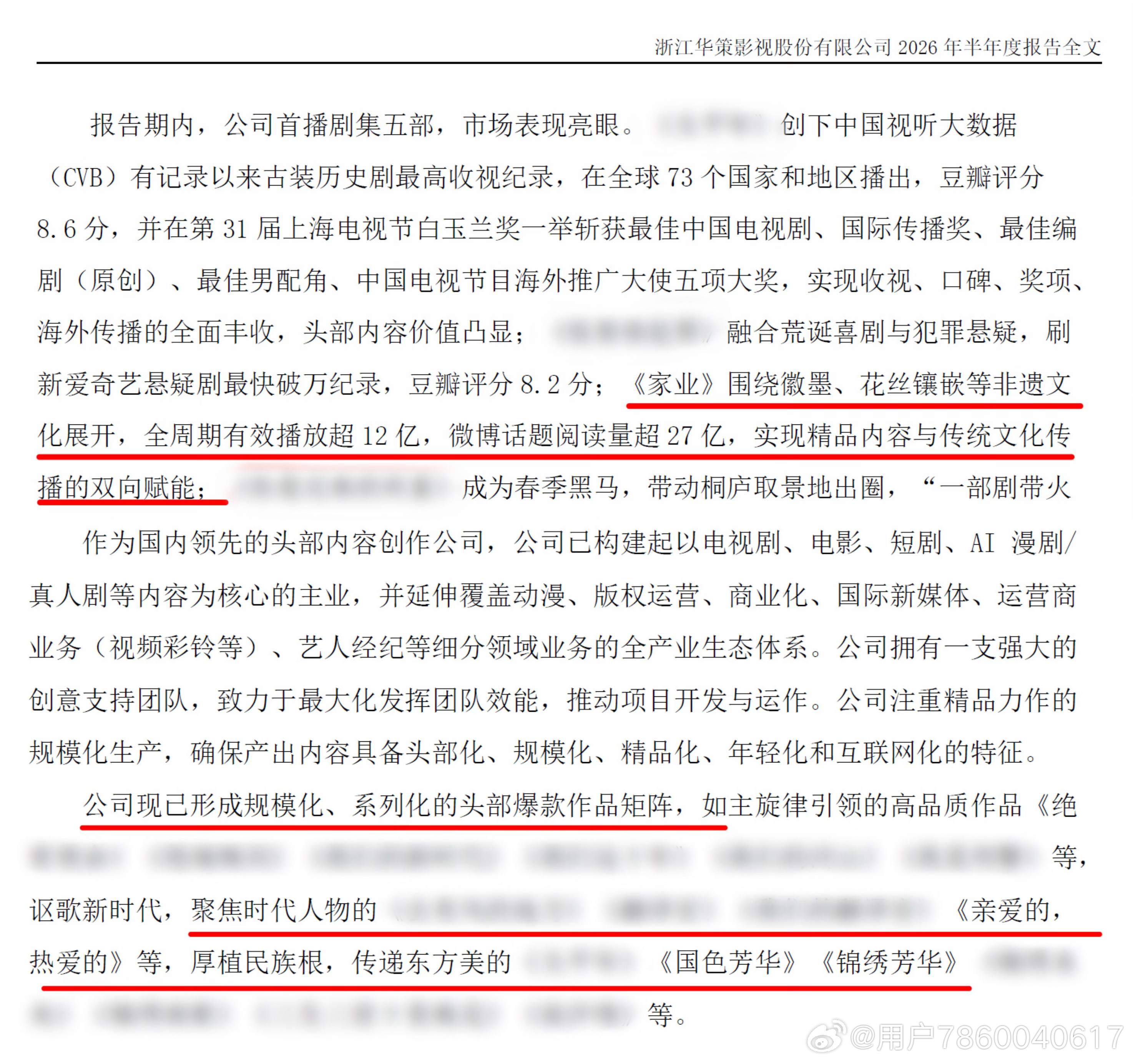 #杨紫[超话]#  杨紫的《家业》《国色芳华》《锦绣芳华》《亲爱的》共4部剧登上华策2026年半年报，作品累计登财报次数已达52次（未含爱奇艺季报）。其中《家业》围绕非遗文化联动16个品牌、开发100余个SKU，与曹素功、万宝德等非遗老字号形成“影视+传统文化”双向价值赋能；《国色芳华》作为头部IP在首 ​