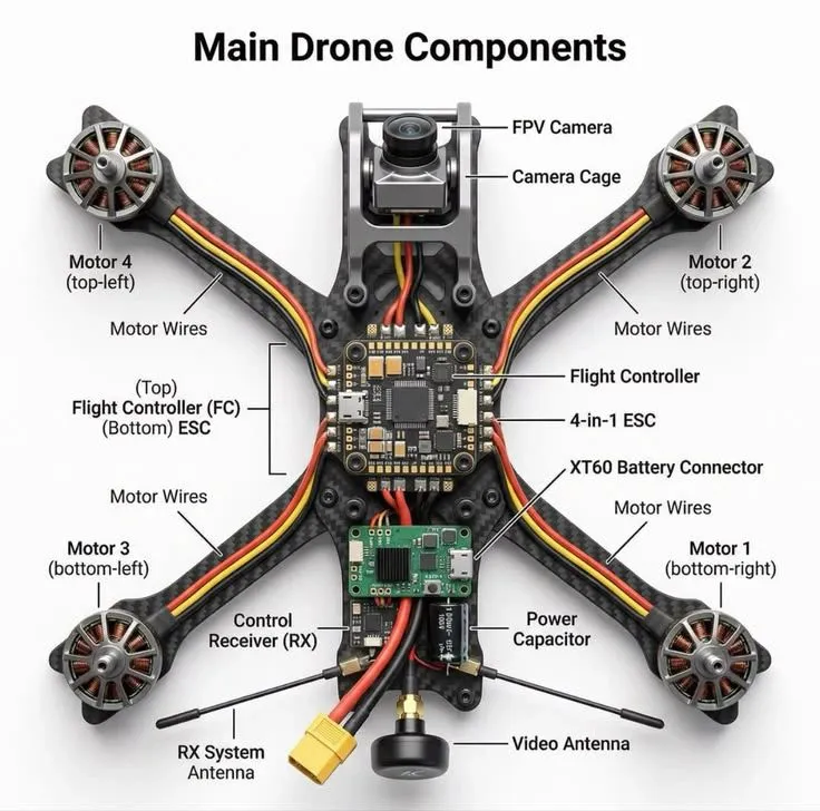 现代 FPV 无人机架构用一张简单图表解析！🛸⚡
无论你是从零开始组装定制四轴飞行器，还是从事工业自动化和无人机电子设备工作，理解核心堆栈和组件布局至关重要。
以下是驱动现代 FPV 构建的基本组件快速分解：
飞行控制器 (FC) & 4 合 1 ESC 堆栈：中央大脑，处理传感器数据并同时精确管理所有四个电机的电力传输。
电源电容 & XT60 连接器：保护敏感的机载电子设备免受电压尖峰影响，并在高负载机动时确保干净的电力分配。
控制接收器 (RX) & 视频发射器天线：处理低延迟 RF 信号接收以获取控制输入，同时传输实时视觉馈送。
无刷电机 & FPV 摄像头：提供高 RPM 响应性，搭配耐用的摄像头外壳，用于紧凑机动和清晰遥测。
拥有整洁、高效的布局不仅仅关乎美观的布线——它直接影响信号噪声、散热以及长期硬件可靠性。
#硬件 #科技 #无人机 #军事 #电路 #自动驾驶技术