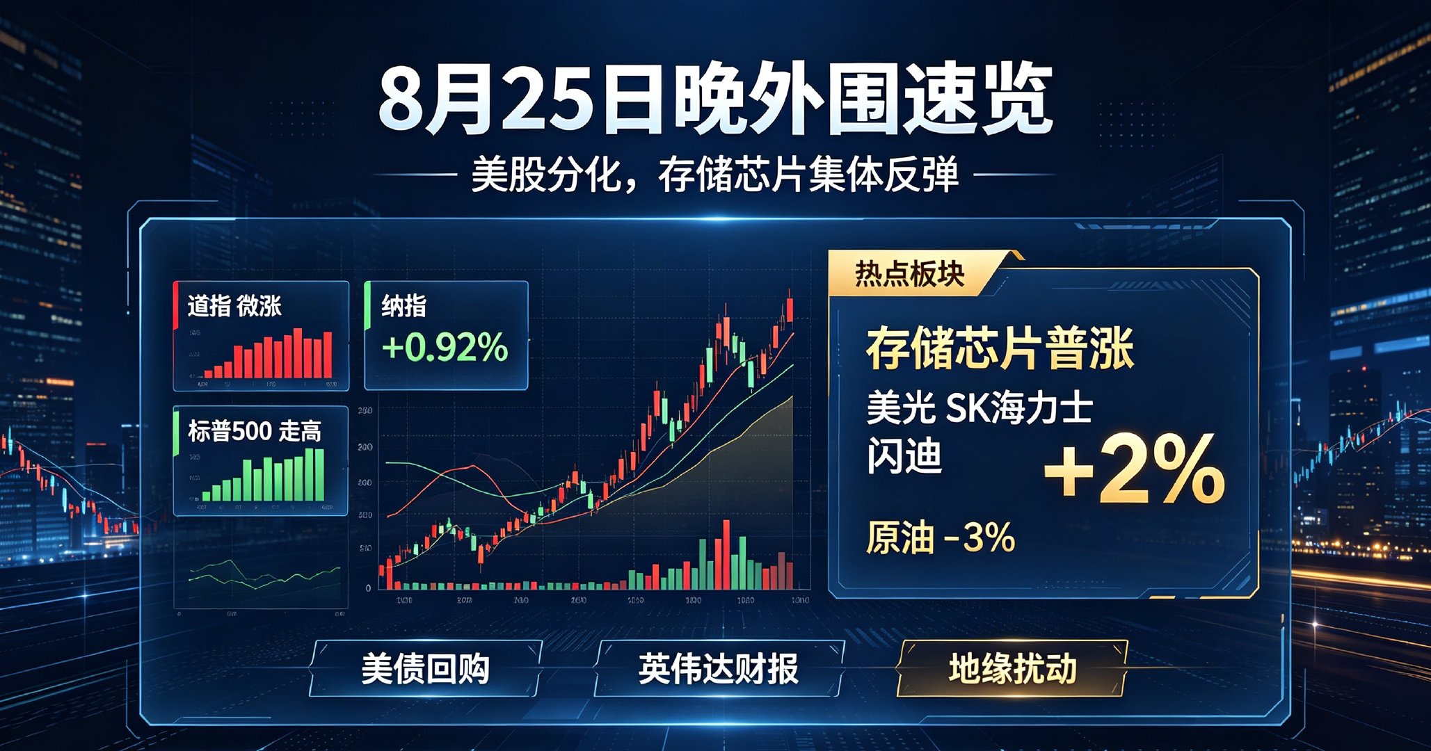 8月25日晚外围速览：美股指数分化，存储芯片集体反弹

隔夜美股走势分化，资金明显回流科技成长。截至晚间盘前，道指微涨、纳指大涨0.92%、标普500同步走高，存储芯片板块迎来强势普涨，美光、SK海力士、闪迪集体拉升超2%，修复昨日大跌颓势。商品端情绪降温，国际油价大幅跳水超3%。

消息面密集扰动 ​