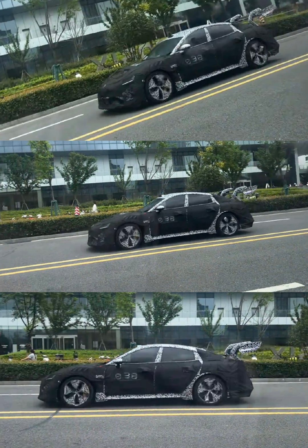 新款小米 SU7 Ultra 正在路测，
这个尾翼套件套起来真的挺大，
据说这次会有两门版和四门版？[并不简单]
#小米汽车##小米su7ultra# ​