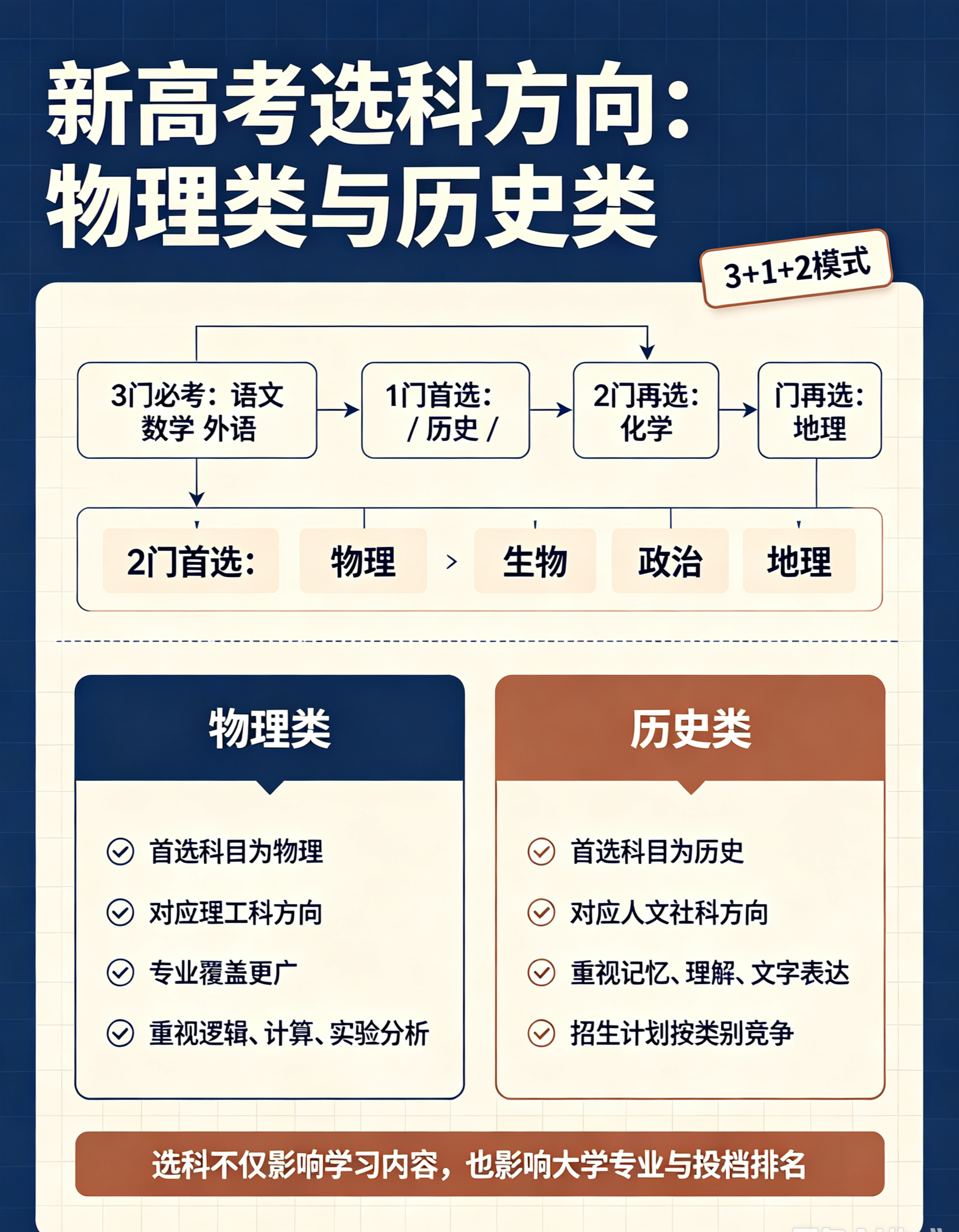 物理类和历史类什么意思？
“物理类”和“历史类”是中国新高考模式下的两种主要选科方向。

简单来说：首选物理就是物理类，首选历史就是历史类。

具体解释如下：

1. 背景：新高考“3+1+2”模式
在大部分实施新高考的省份，考生除了考语文、数学、外语3门必考科目外，还要在物理和历史中任选1门（称为