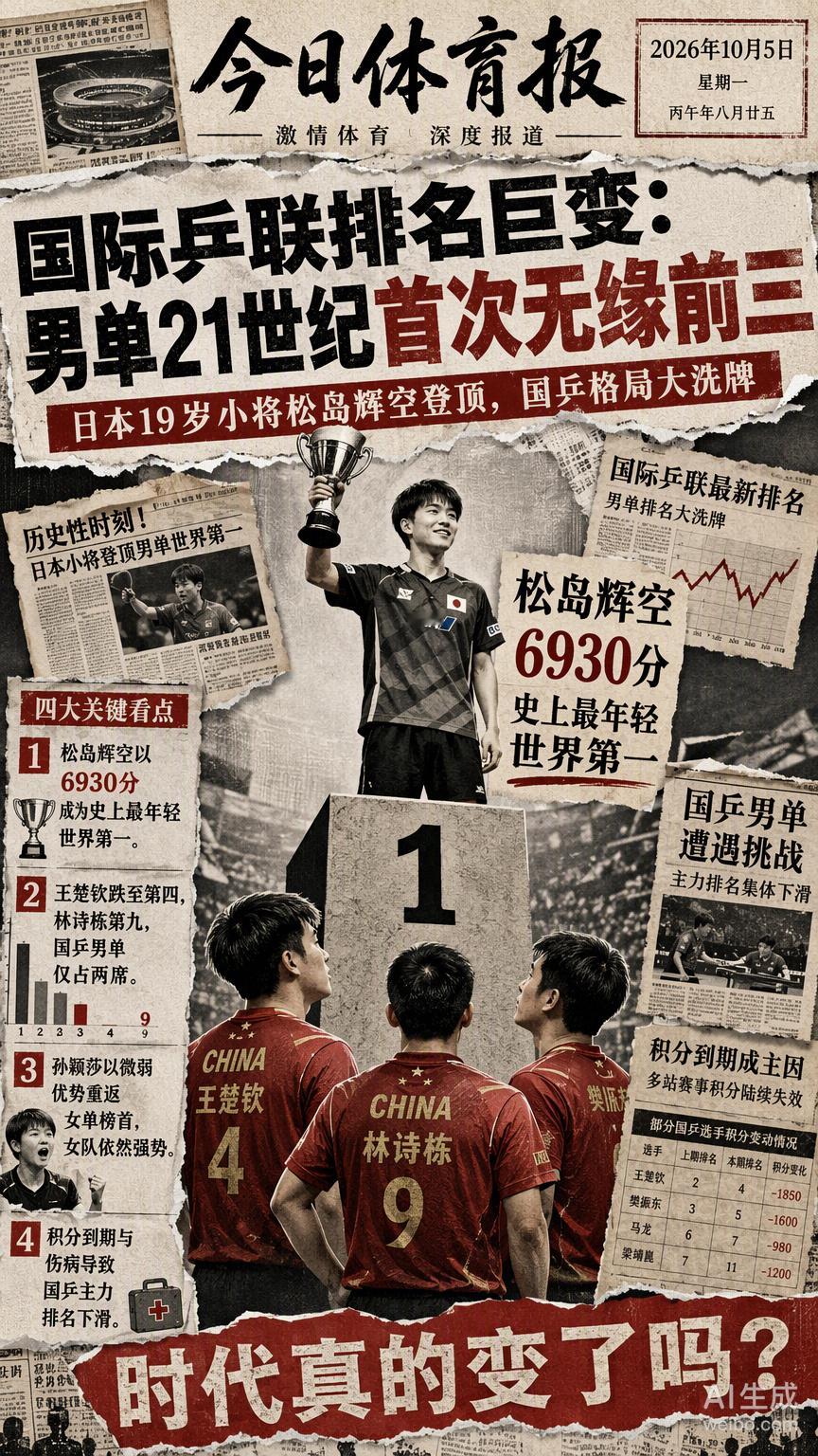 一觉醒来天都塌了，国乒男单竟然21世纪头一回掉出世界前三。看着日本19岁小将松岛辉空登顶，心里真是五味杂陈。以前总觉得咱们在乒乓球这块是稳如泰山，现在才发现时代真的变了。

王楚钦因为积分到期和伤病下滑到第四，虽然能理解规则，但看着还是觉得憋屈。女队倒是依然强势，孙颖莎又杀回了世界第一 ​