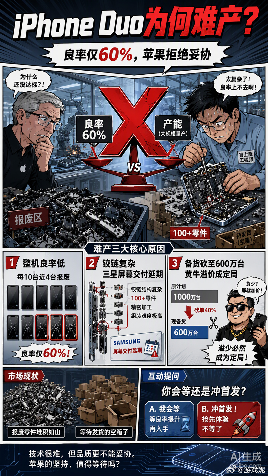 苹果这次在折叠屏上算是把“强迫症”发挥到了极致。

富士康那边传出来的消息是整机良率只有60%多，也就是说每生产10台就有4台得报废或者返工。这要是换别的厂商，可能早就硬着头皮先上市再慢慢OTA修补了，但苹果直接跟代工厂摊牌：要么保良率，要么别想扩产能。

这种“二选一”的通牒背后，其实是折 ​