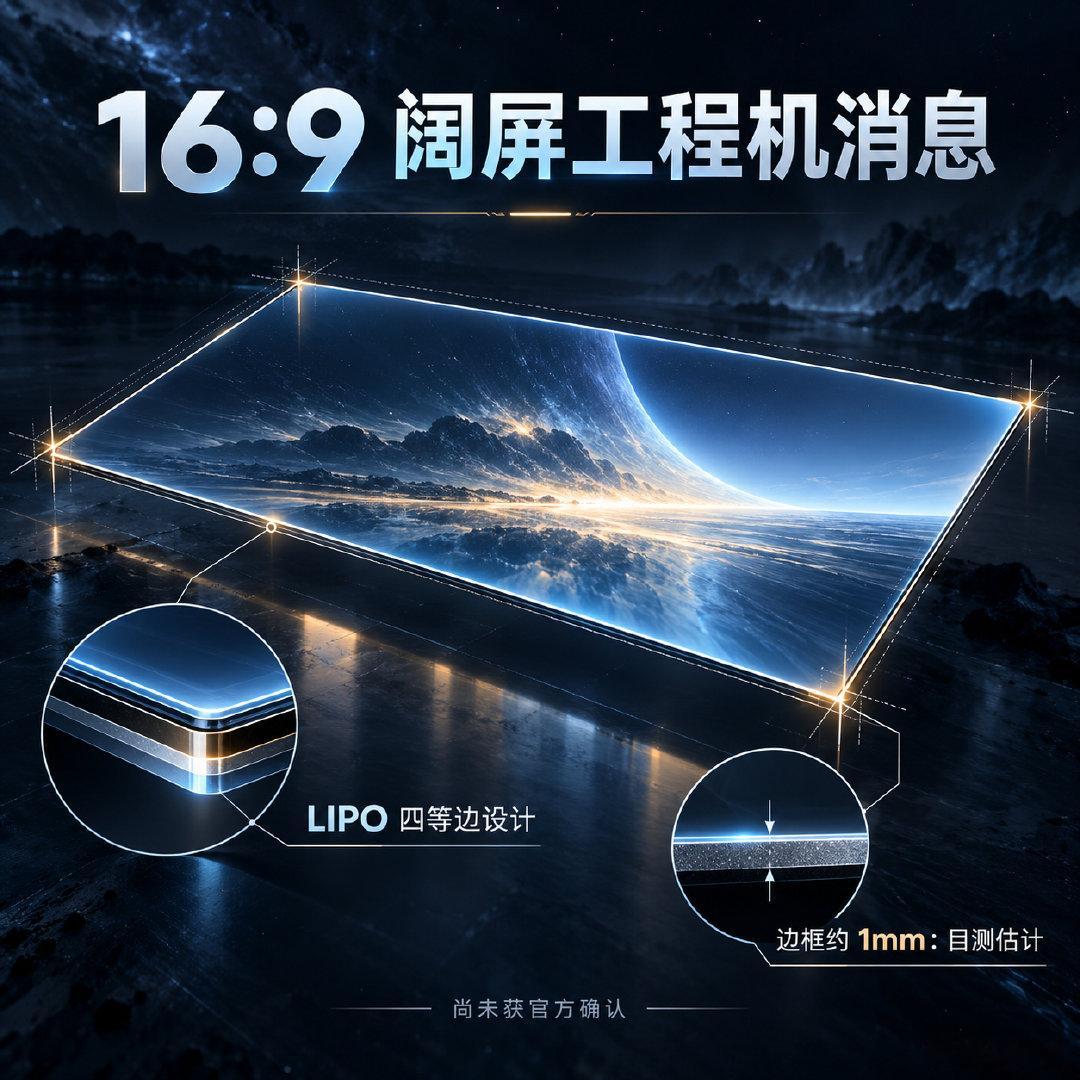 【数码快讯】据博主爆料，OPPO 一款阔直板工程机的屏幕比例为 16:9，采用 LIPO 四等边设计。其屏幕宽度约 81 毫米，机身宽度预计在 85 毫米以内；边框约 1 毫米的说法来自目测。上述信息尚未获官方确认。#OPPO阔直板##手机屏幕比例##16比9屏幕##LIPO窄边框##工程机爆料# ​