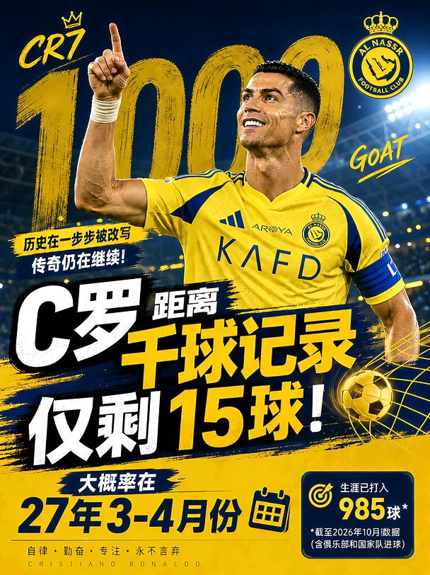 C罗-千球还差15个，大概率在明年3-4月