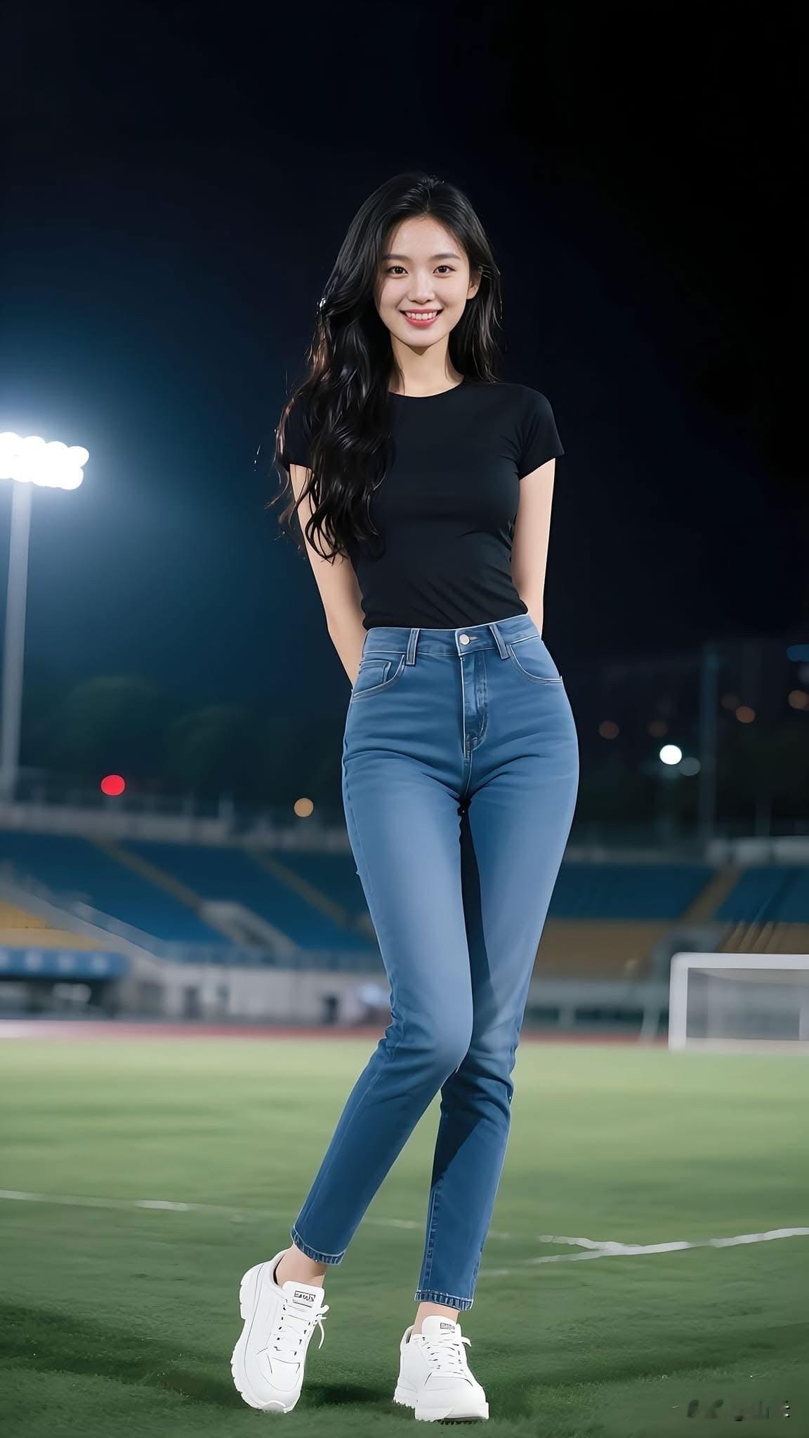 夜晚运动场上的时尚少女， 黑蓝搭配， 活力满满！ 🌟💃🏃‍♀️