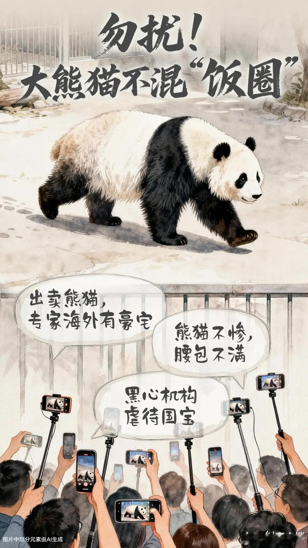 #大熊猫不混“饭圈”# “饭圈”乱象的触角，竟伸向了憨态可掬的国宝。

  一段时间以来，部分自媒体账号或利用大熊猫的热度，故意剪辑残缺画面，为流量编造“国宝被虐待”等煽动性话题；或以“消息人士”自居，在直播中散布“抽骨髓做实验”等耸人听闻的谣言，借机收取粉丝打赏；更有甚者，个别大熊猫 ​
