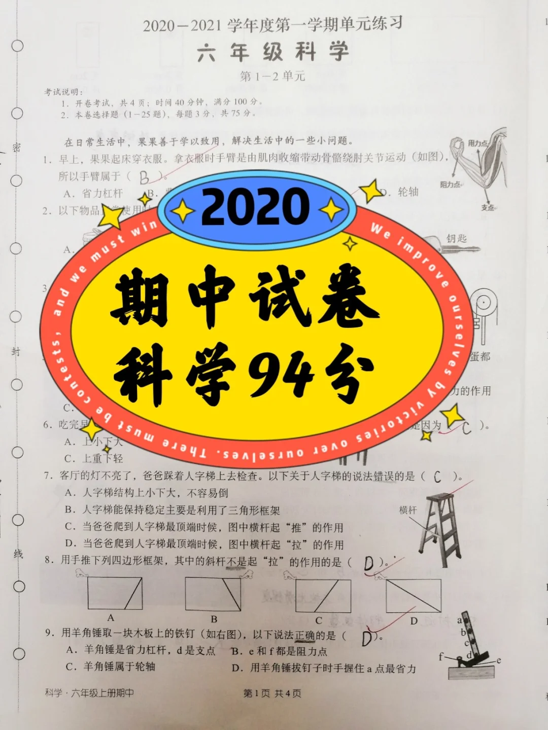 六年级上册，科学期中检测试卷，94分