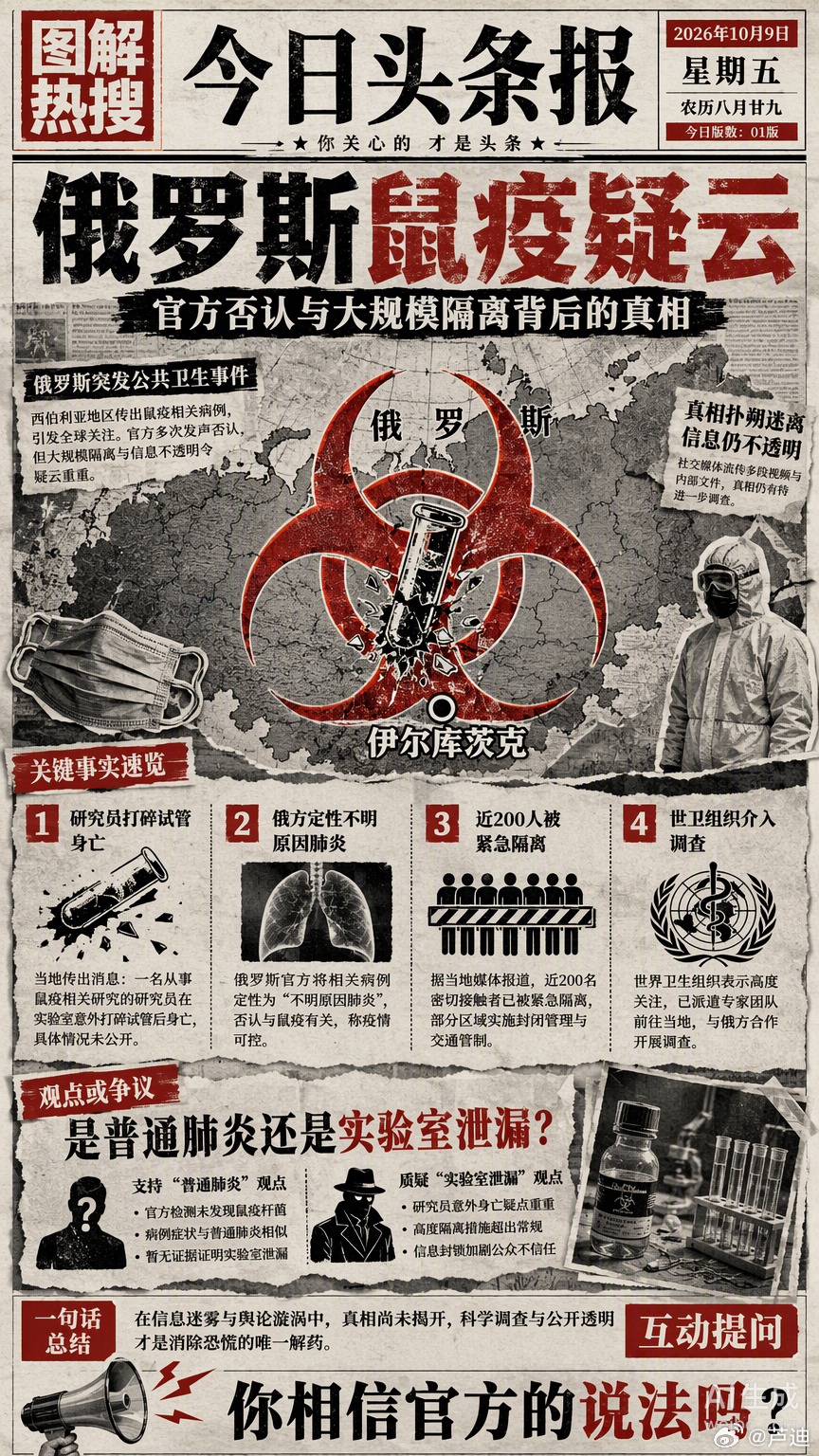 打碎试管后七天人就没了，俄方通报却轻描淡写说是“不明原因肺炎”。这种反差让人很难不往深处想。一边是否认鼠疫杆菌泄漏，另一边却是近200人被隔离、五家医院紧急封锁，连幼儿园都开始发口罩。如果真只是普通感染，何必动用联邦安全局护送隔离？在公共卫生危机面前，行动往往比声明更诚实。现在世卫组织撤回了“风险较低”的判断，美国大使馆更是直接建议公民离境。这种国际层面的紧张反应，进一步放大了信息不透明带来的信任裂痕。对于普通人来说，最担心的从来不是病毒本身，而是官方回应与实际行动之间的巨大鸿沟。俄罗斯现不明原因肺炎死亡病例俄罗斯鼠疫