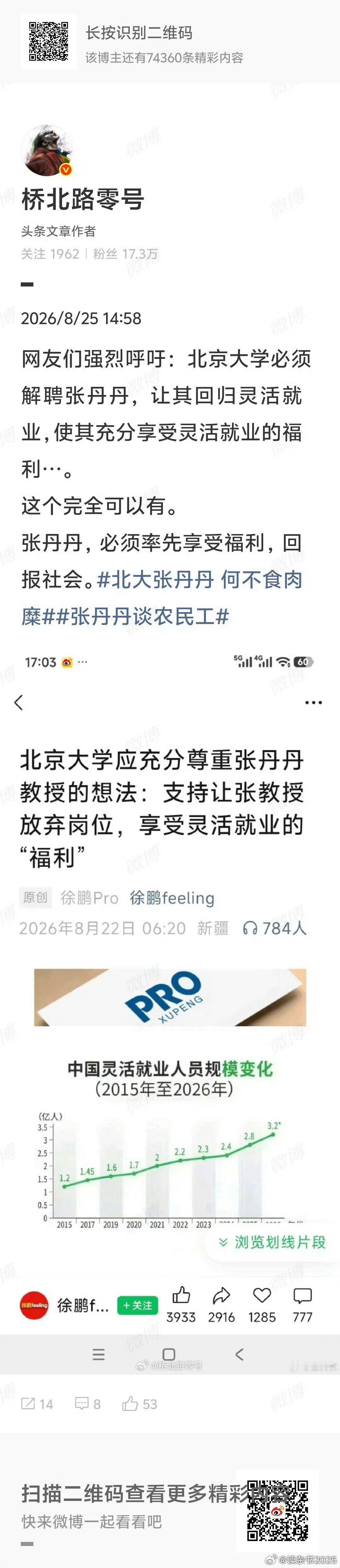 公知支持郭德纲的演出反对立案调查，却要求北大开除针对灵活就业说了灵活是一种福利的张丹丹教授

在公知看来，郭是创作自由，张说灵活是一种福利就不是创作自由了，不是学术自由了 ​​​

什么能自由，公知也是根据自己的需要来 ​​​