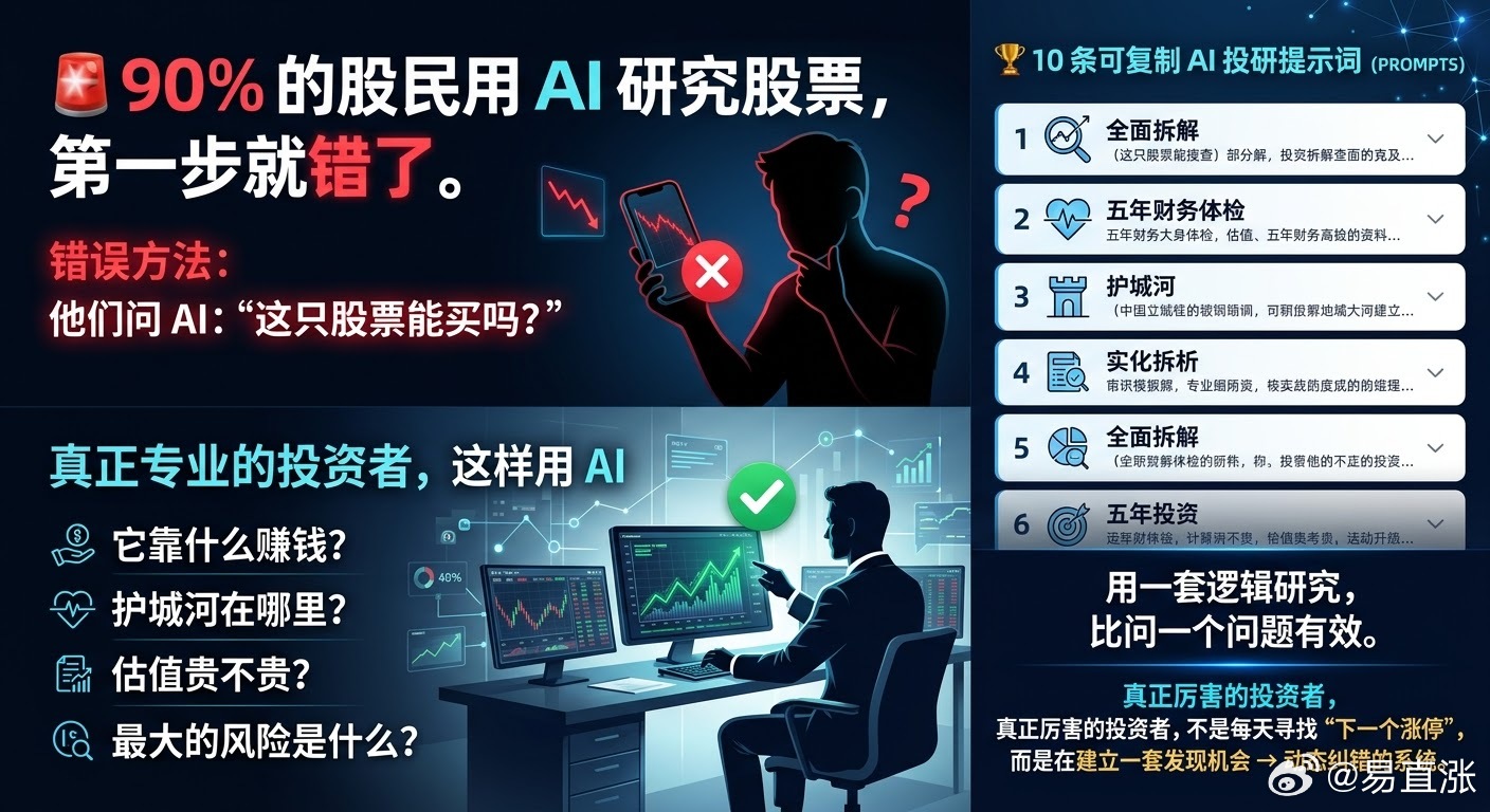 🚨90%的股民用AI研究股票，第一步就错了。

他们问AI：

“这只股票能买吗？”

真正专业的投资者不会先问这个问题。

他们会先问：

它靠什么赚钱？
护城河在哪里？
行业是顺风还是逆风？
现在估值贵不贵？
最大的风险是什么？
如果我错了，错在哪里？

AI不会让你变成“股神”。

但会用AI的人，可 ​