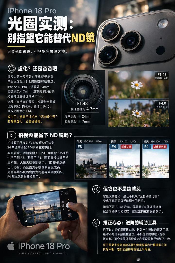 iPhone 18 Pro光圈实测：别指望它能替代ND镜

最近“iPhone 18 Pro”搭载可变光圈的消息引发热议，Fstoppers的实测结果算是给不少人泼了盆冷水。抛开那些不切实际的幻想，这功能到底有多大用？

很多人第一反应是：手机终于能有单反级虚化了！但物理规律摆在这。手机主摄等效24mm，实际焦距才7mm，算下 ​