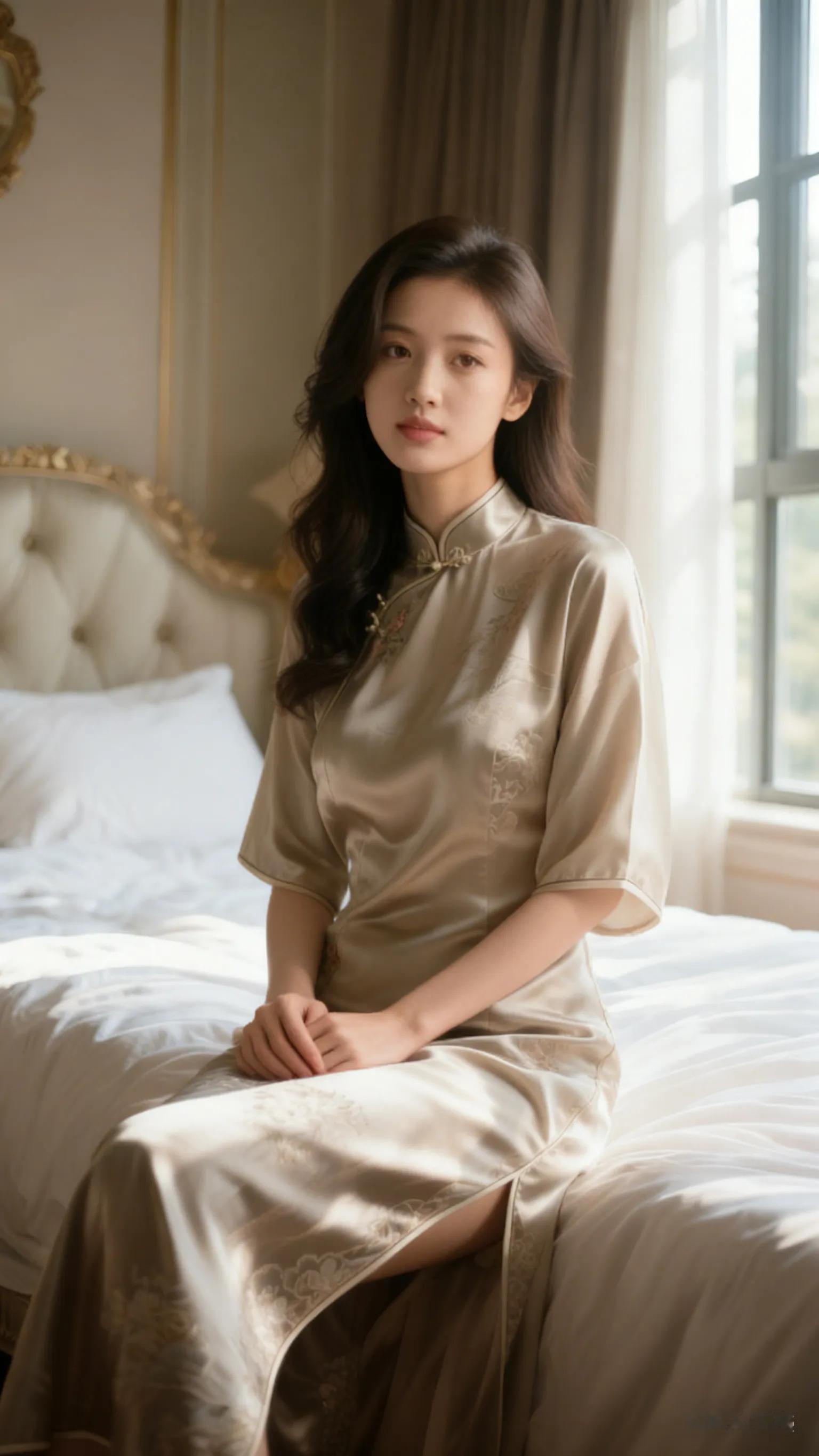 优雅的东方美人，古典旗袍韵味十足，静坐床边，尽显温婉气质。