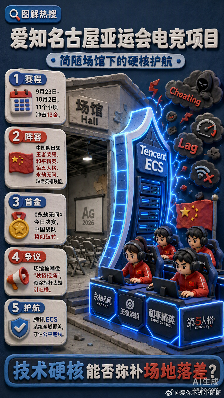 名古屋的电竞赛场设在会展中心D厅，观众席是平地折叠椅，连资格赛都挤在普通会议室。这种“简素办赛”的落差感，让很多人吐槽现场不如网吧。

但在这些肉眼可见的简陋背后，腾讯电竞开发的ECS系统正在后台默默扛起反作弊和设备检录的重任。这套系统覆盖了赛前、赛中到复盘的全流程，成了本届亚运会电竞 ​