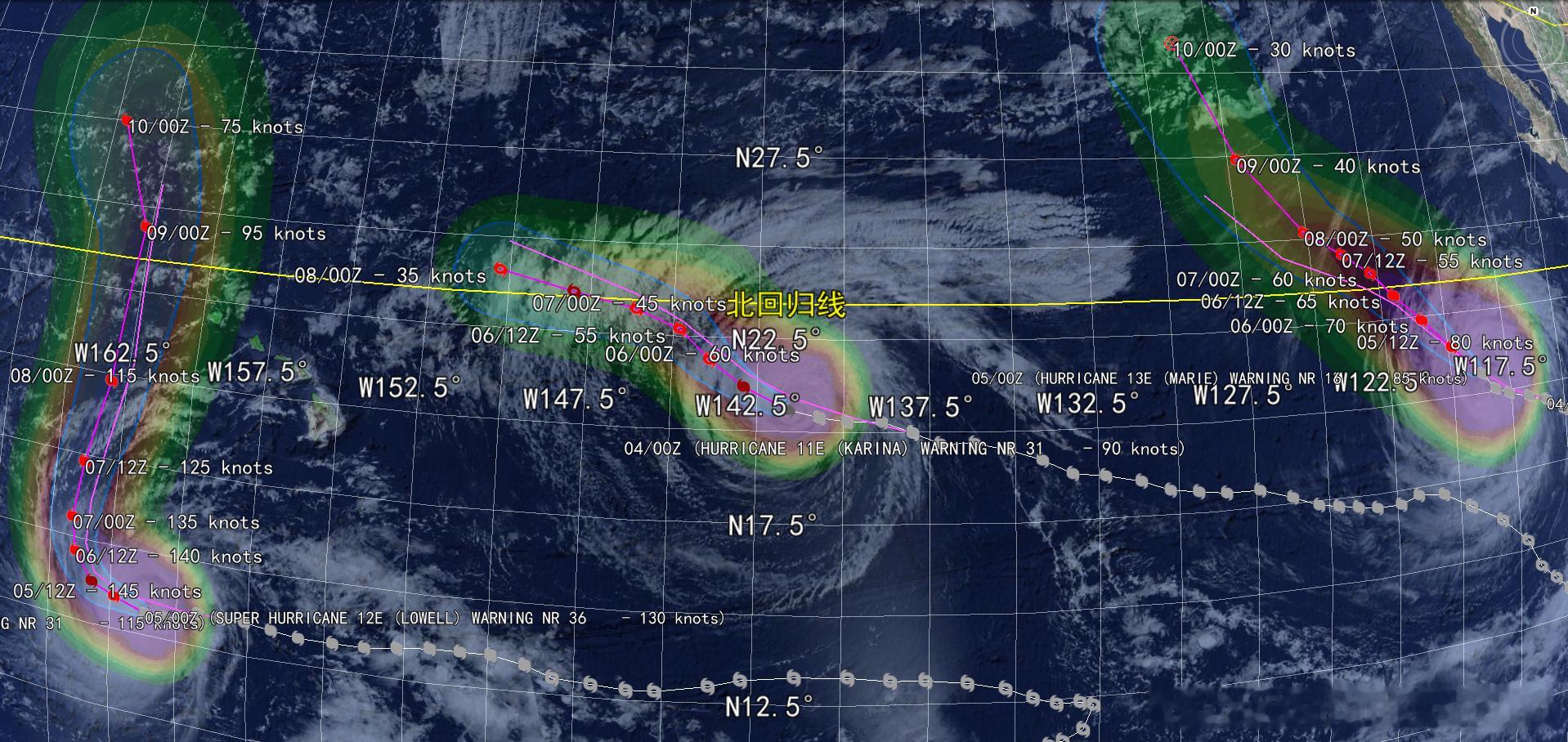 NOAA-20[钟]2026/09/04 [下雨] Hurricane Marie（20:50UTC），Hurricane Karina（22:30UTC），Hurricane Lowell（05/00:10UTC）eye ≈ 50 km
[话筒] AI: Marie正以接近8英里/小时（13公里/小时）的速度向西北方向移动，预计这种总体运动将在未来几天内持续。最大持续风速保持在100英里/小时（155公里/ ​