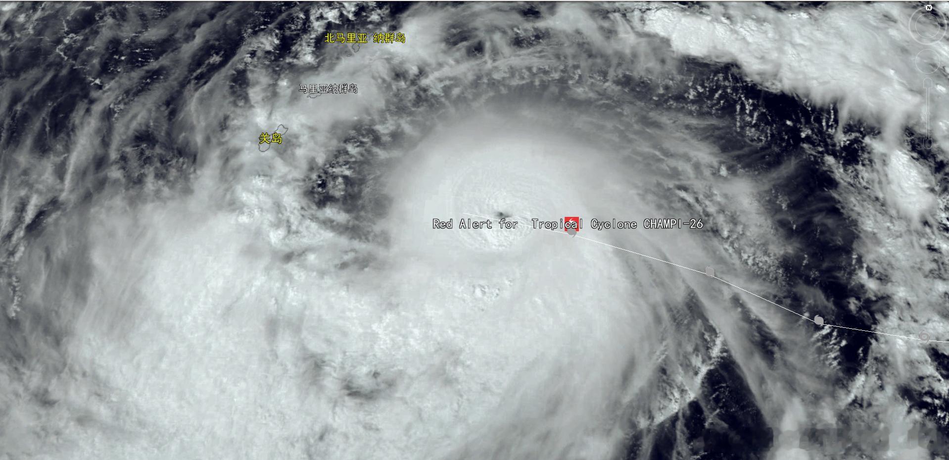Himawari-9  NOAA-20[钟]2026/10/17/03:45UTC [下雨] 蔷琵 Champi →_→ 关岛 ≈ 340 km ，Typhoon Champi  Approaching Guam
[话筒] AI: 中度颱風薔琵  編號第 29 號 國際命名 CHAMPI
        17日14時的中心位置在北緯 12.5 度，東經 147.2 度，以每小時24公里速度，向西北西進行。中心氣壓940百帕， ​