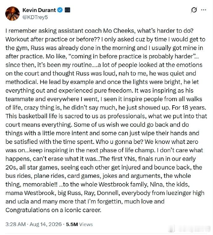 杜兰特长文深情致敬威少：18年坚守，最纯粹的篮球信仰🔥威少正式退役！...
