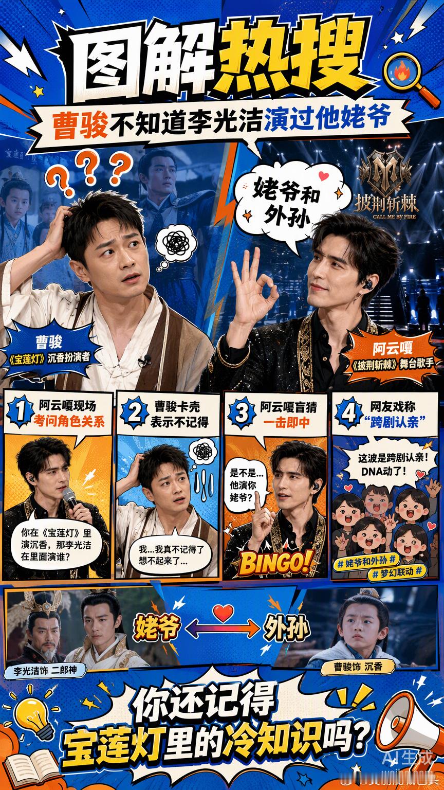 阿云嘎在《披荆斩棘》现场给曹骏出了一道“送命题”，问李光洁在《宝莲灯前传》里演的杨天佑，跟曹骏演的沉香是啥关系。作为当事人的曹骏当场卡壳，一脸茫然地表示真不记得。

这其实不能怪曹骏记性差，毕竟杨天佑是《前传》里的角色，跟正剧里的沉香压根没同框过，属于典型的“素未谋面”。结果阿云嘎 ​