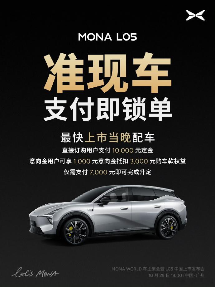 #MONAL05首次开放准现车抢定# 确实也是被逼出来的玩法，MONA每次发布后的订单、交付、 供不应求的情况大家都知道了，L05这次算是吸取教训了，第一批直接下线5000台在这备着了，然后也就有了这个玩法---首批“准现车”预订。

先订先有，买定离手。

另外是，预售的时候大家已经意识到了一件事就是---L0 ​