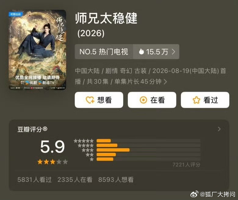 敖瑞鹏、孙珍妮、艾米主演的《师兄太稳健》豆瓣开分5.9，你追剧了没？觉得剧情怎么样[开学季]

#师兄太稳健豆瓣开分5.9# ​