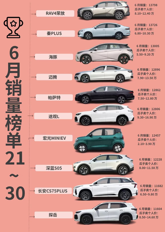 🚗6月销量排行榜Top30|价格图鉴✅